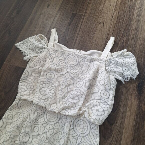 💙 Adrianna Papell Eyelet Lace Open Shoulder Cap Sleeve Lined Dress Size 6 - Picture 9 of 11